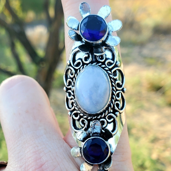 New Unique Rainbow Moonstone & London Blue Topaz 925 Silver Flowers Ring. - Picture 5 of 12